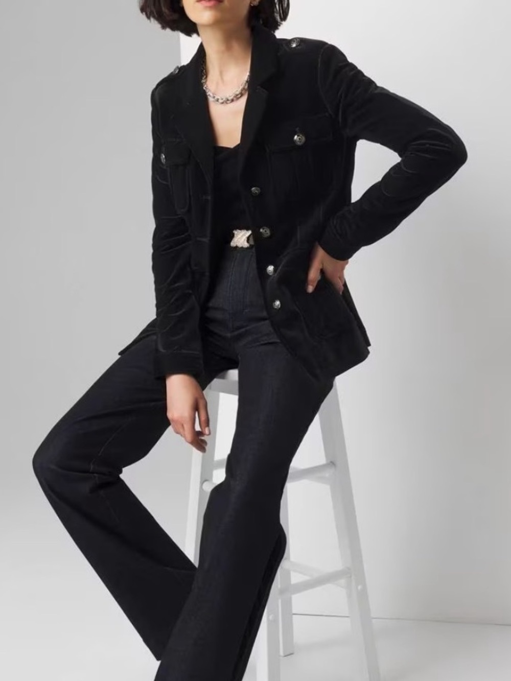 WHBM Black Soft Velvet Military Style Jacket Lined Size Medium EUC